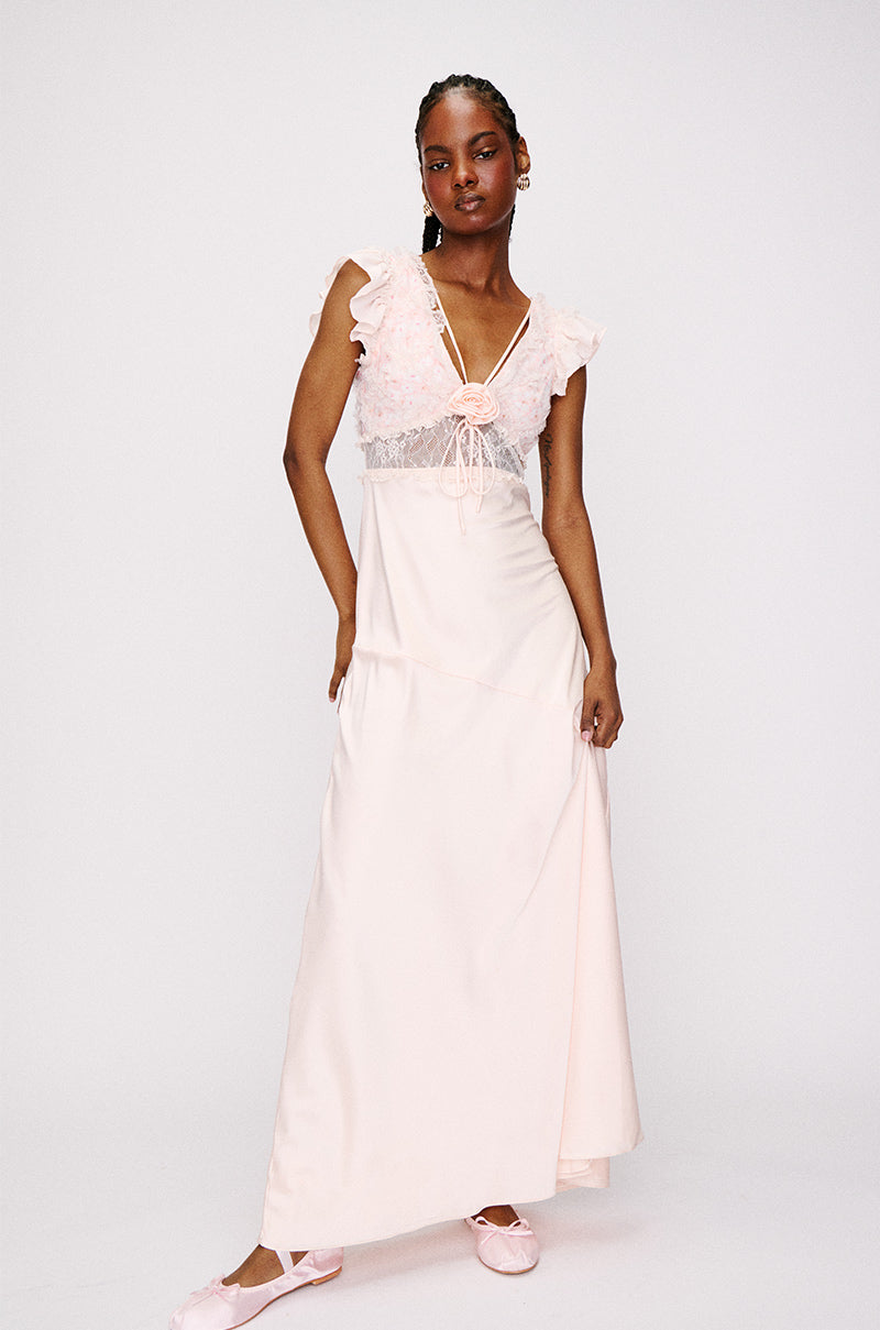 SAVING MYSELF FLOWER APPLIQUE LACE DETAIL SATIN MAXI DRESS AKIRA SAVING MYSELF FLOWER APPLIQUE LACE DETAIL SATIN MAXI DRESS AKIRA