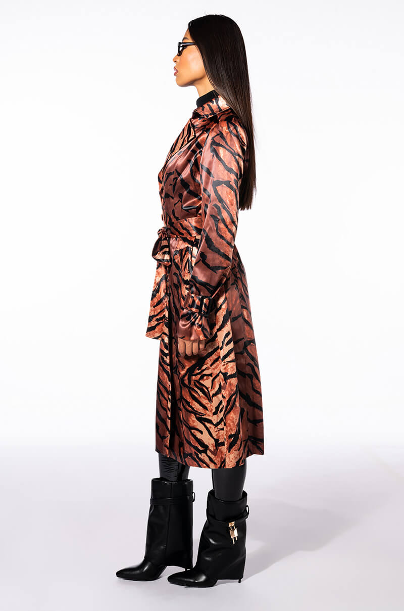 Back View Savvy Satin Zebra Print Trench Coat