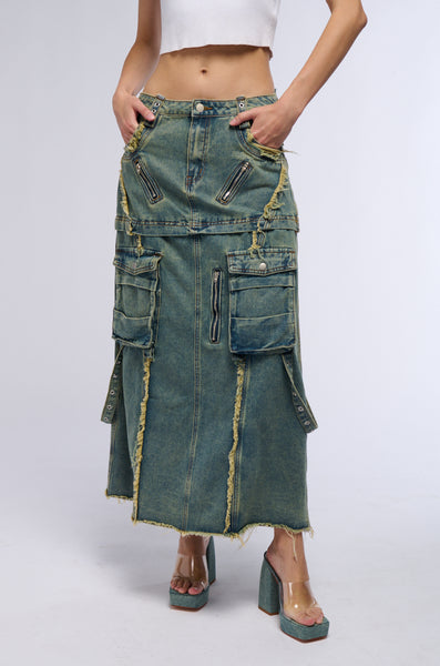SAY IT AGAIN DISTRESSED MAXI DENIM SKIRT – AKIRA