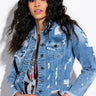 Front View Say My Name Distressed Cropped Denim Jacket