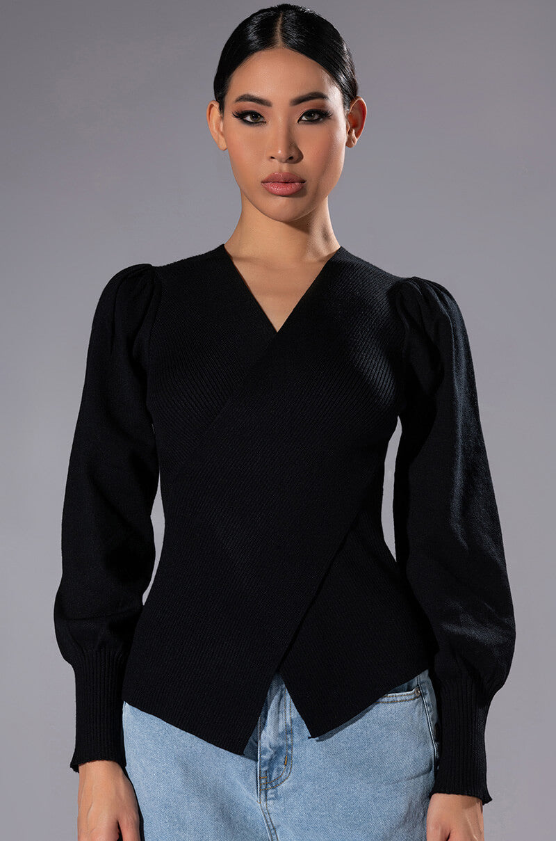 Front View Saylor Cross Front Long Sleeve Sweater