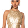 Front View Scales Sleeveless Metallic Top In Gold