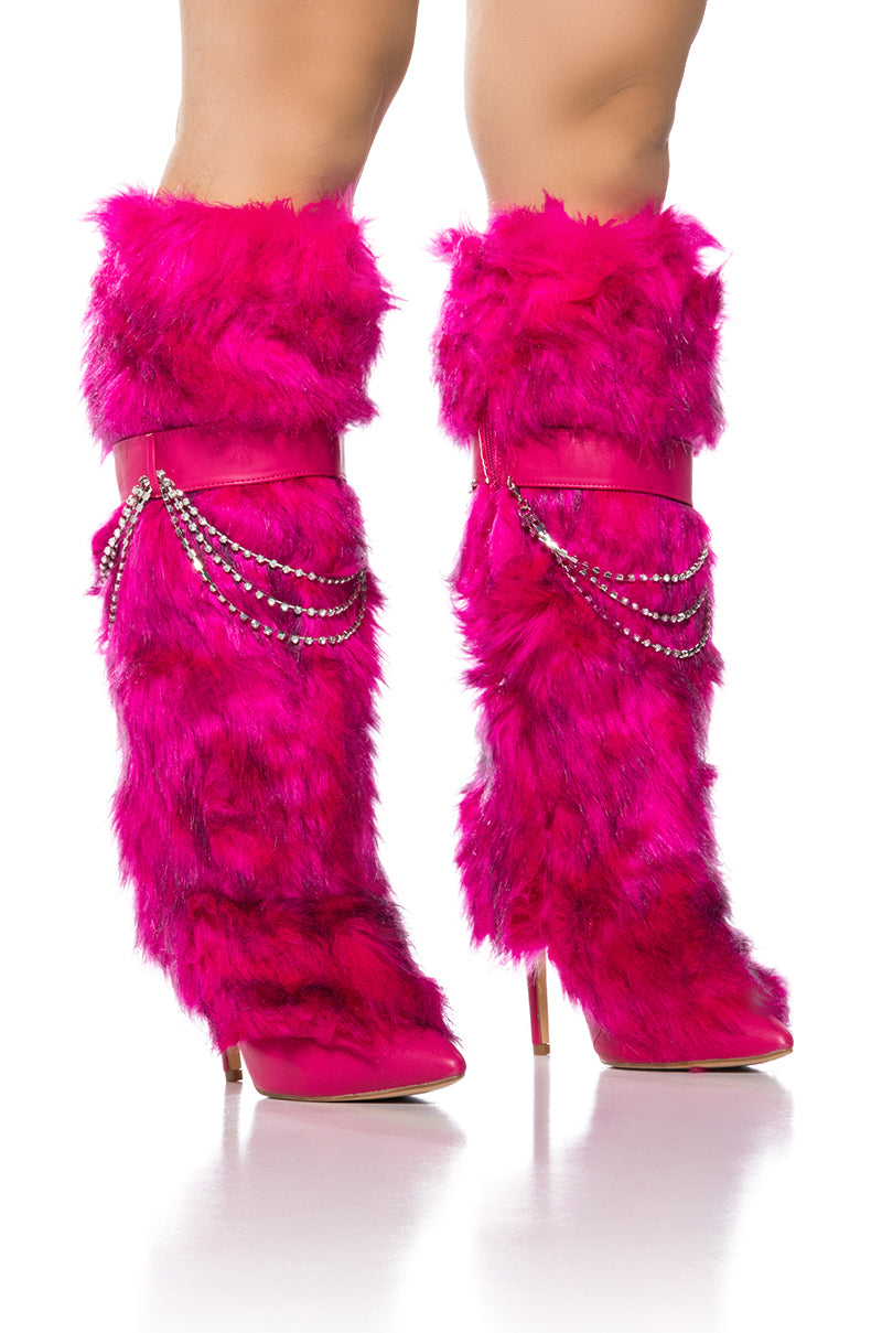 SCANDALOUS FAUX FUR STILETTO BOOT WITH RHINESTONE DETAILING IN PINK view 0