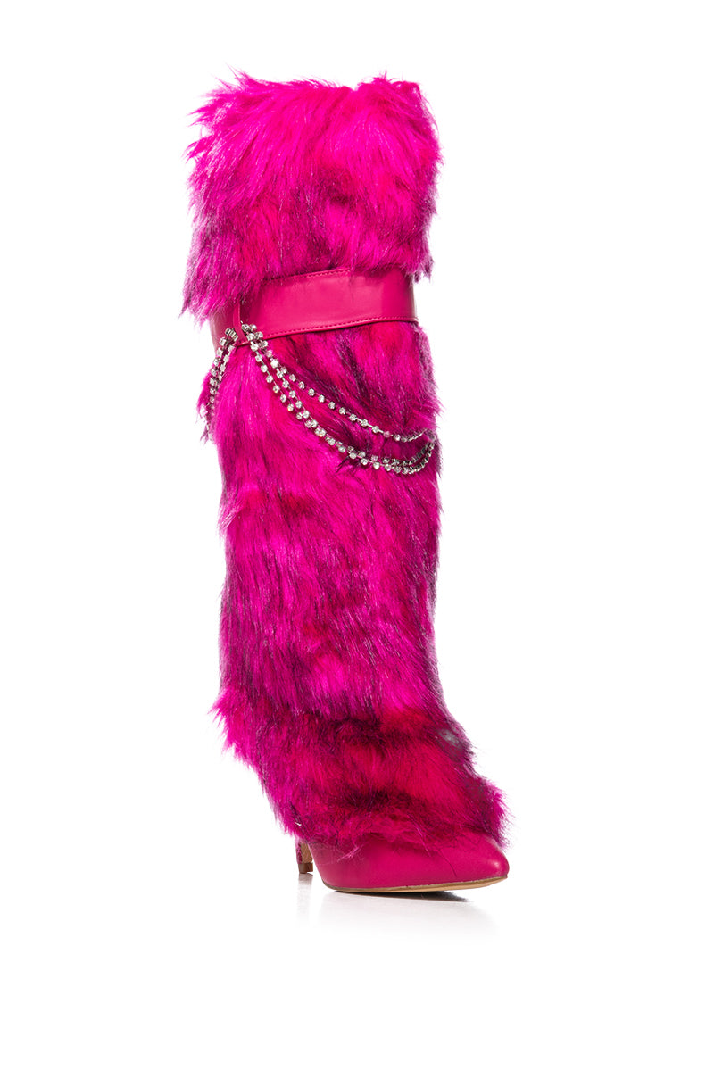 Back View Scandalous Faux Fur Stiletto Boot With Rhinestone Detailing In Pink