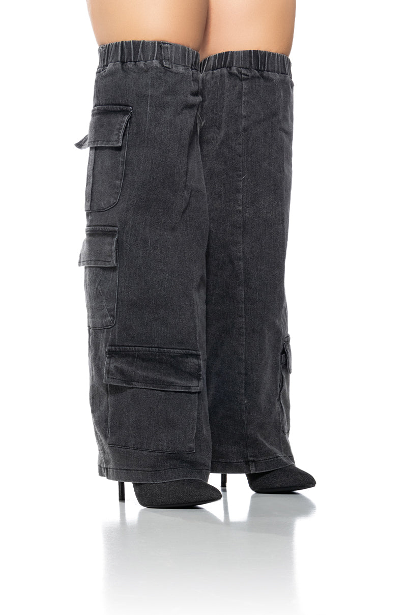 Front View Scandalous Over The Knee Stiletto Cargo Boot In Denim