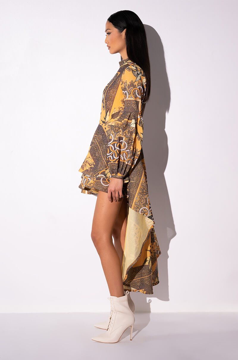 long sleeve scarf print dress Linen shirt dress with scarf print