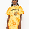 Front View Scarface Tie Dye T Shirt Dress With Feather Trim in Orange