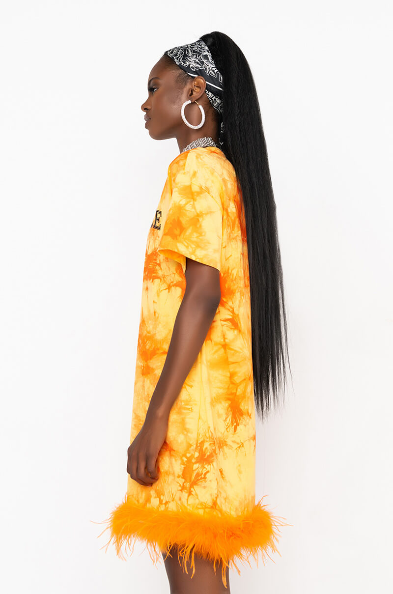 tie dye t shirt dress SCARFACE TIE DYE T SHIRT DRESS WITH FEATHER TRIM – AKIRA
