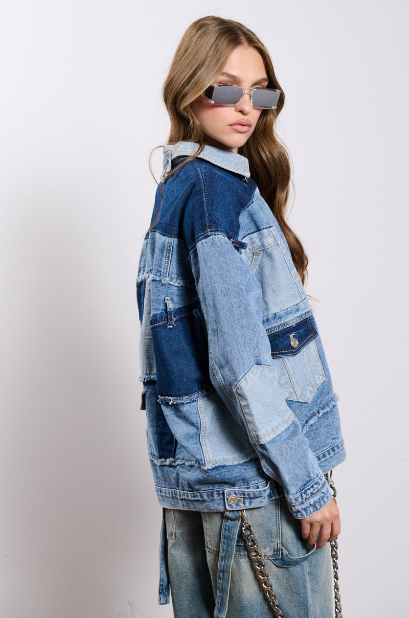 Khaki Plaid Patchwork Buttoned Oversized Denim Jacket