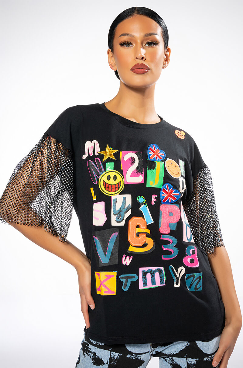 Front View Scrapbook Embellished Sleeves Tshirt