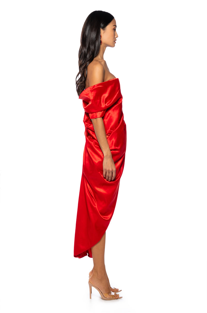 Detail View Sealed With A Kiss Strapless Satin Midi Dress