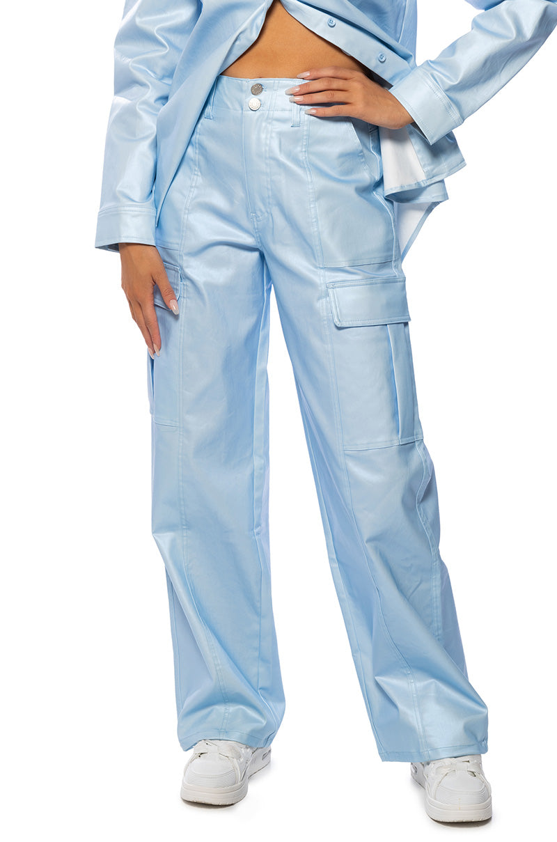Front View Seaside Lovers Foil Effect Wide Leg Cargo Pants