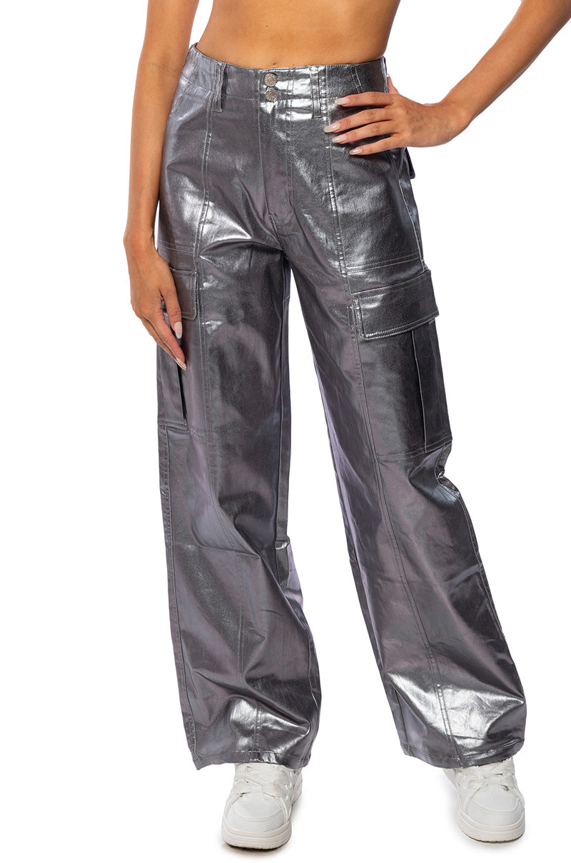 Front View Seaside Lovers Foil Effect Wide Leg Cargo Pants