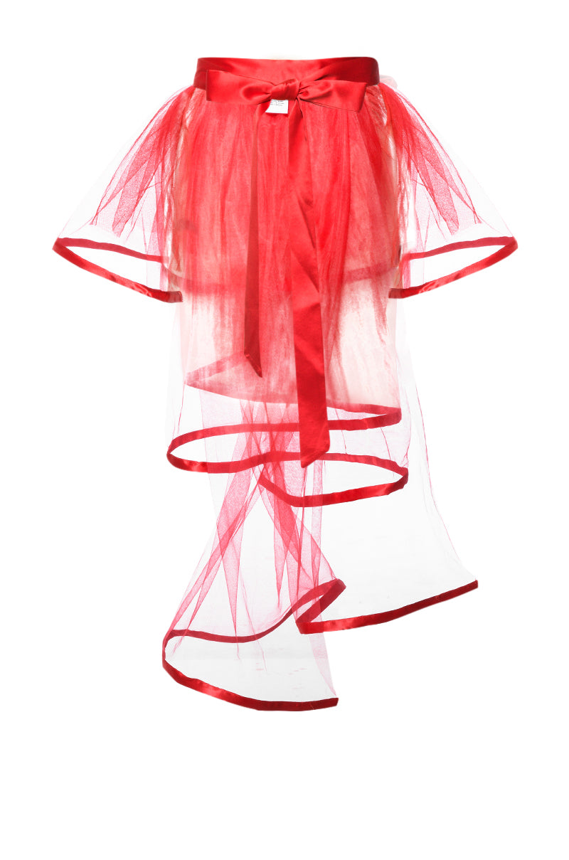 Back View Secret Self Tie Sheer Ruffle Belt In Red