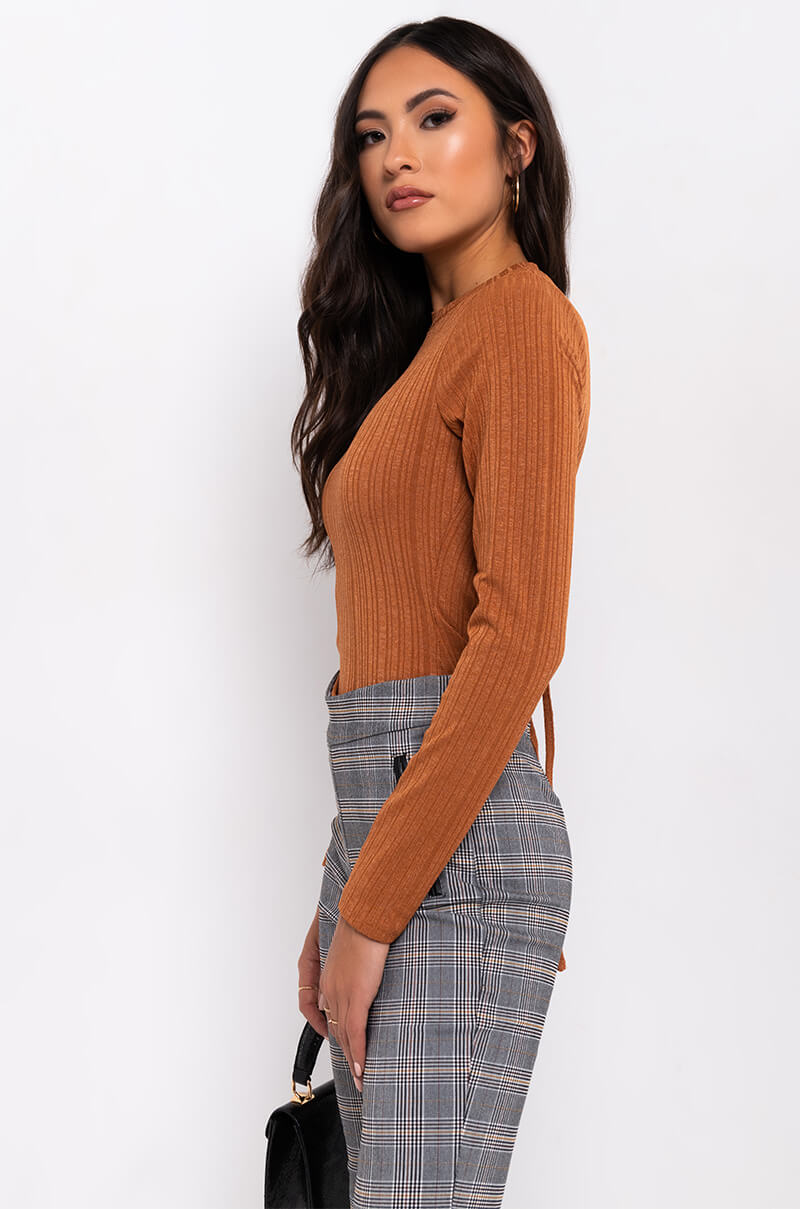 Side View Secrets Out Long Sleeve Back Cut Out Bodysuit in Brown 1
