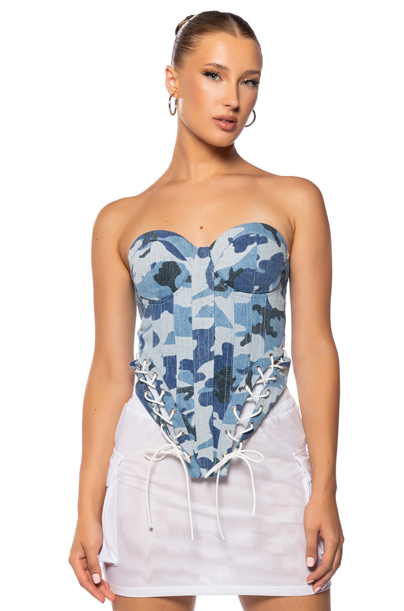 Front View Seeing Double Camo Denim Lace Up Corset
