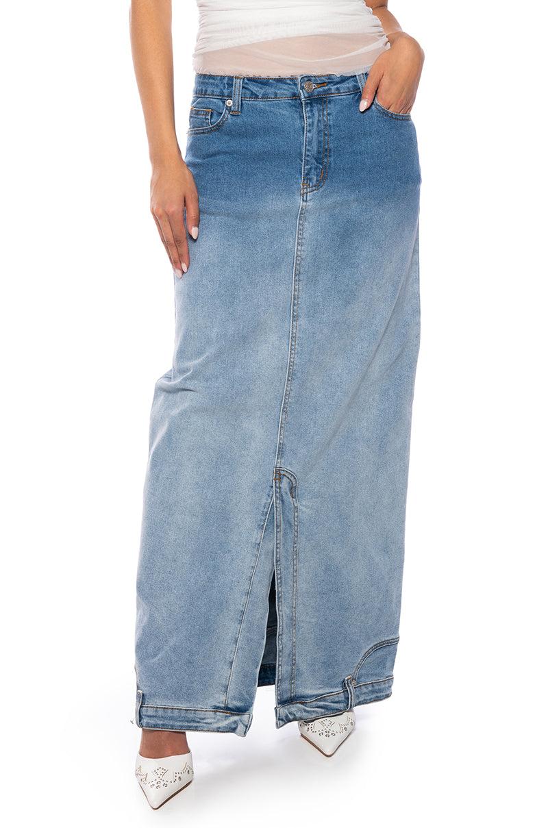 Front View Seeing Double Denim Maxi Skirt