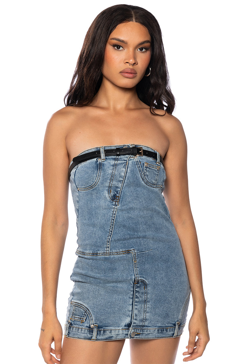 Front View Seeing Double Strapless Denim Mini Dress