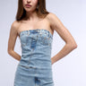 Front View Seeing Double Strapless Denim Mini Dress