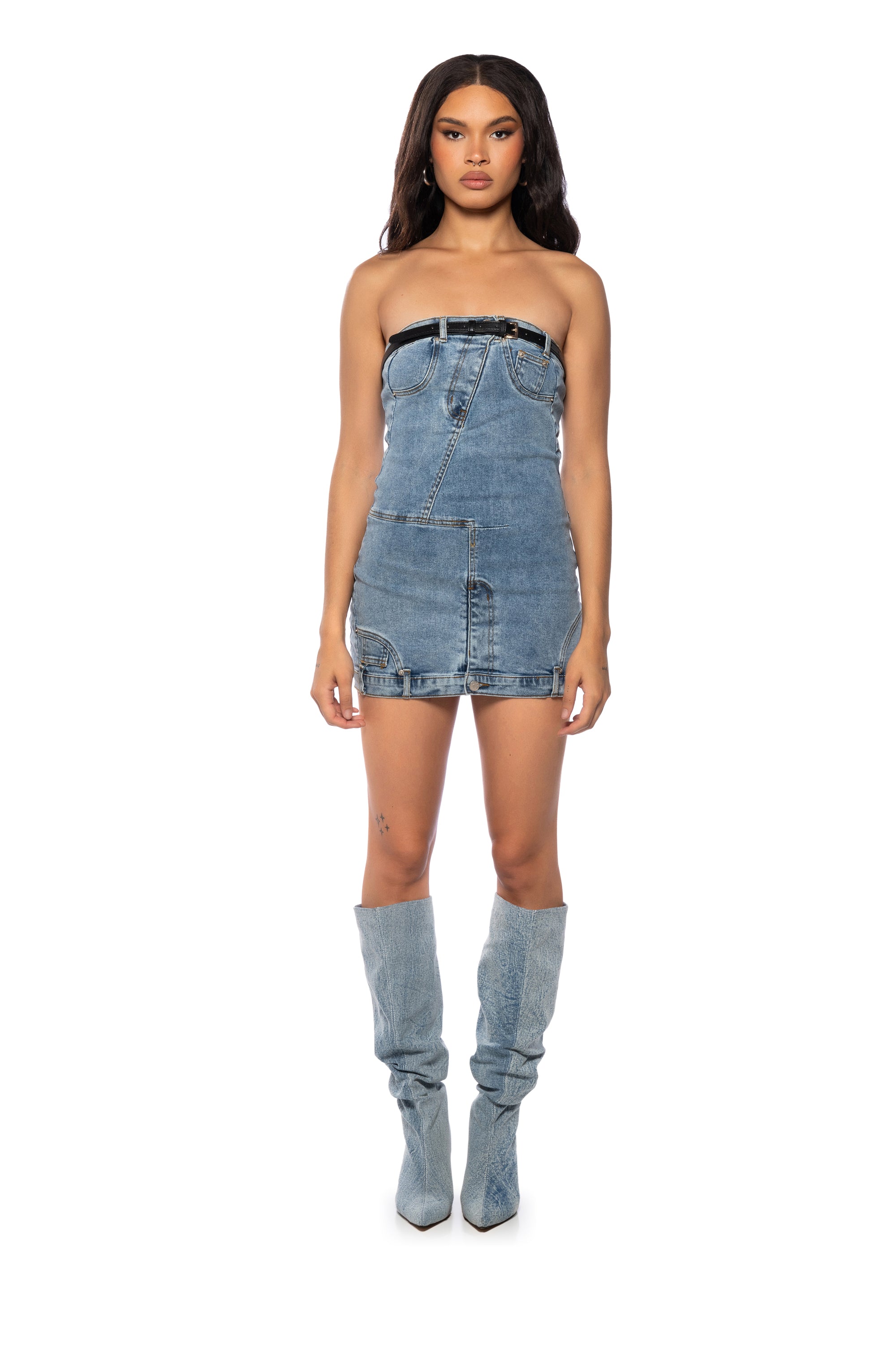 Extra View Seeing Double Strapless Denim Mini Dress