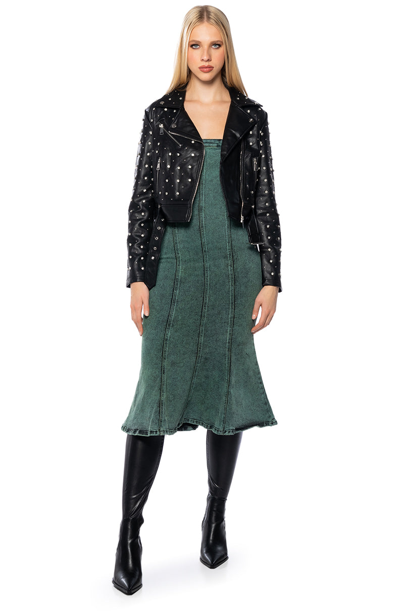 SEEING GREEN STRAPLESS WASHED DENIM MIDI DRESS AKIRA SEEING GREEN STRAPLESS WASHED DENIM MIDI DRESS AKIRA