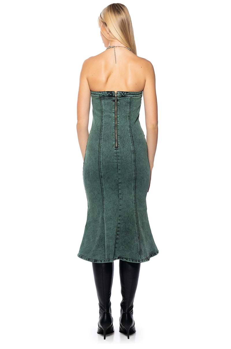 Detail View Seeing Green Strapless Washed Denim Midi Dress