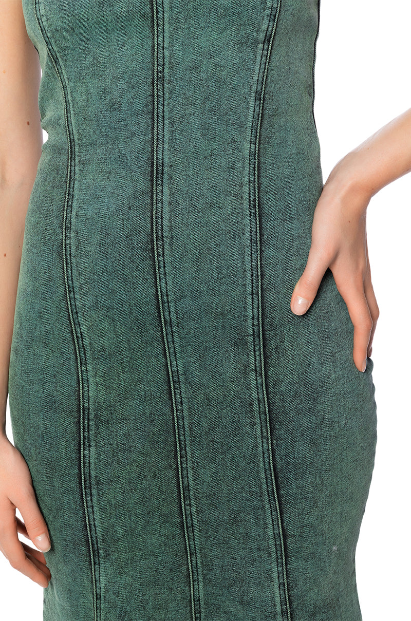 SEEING GREEN STRAPLESS WASHED DENIM MIDI DRESS AKIRA SEEING GREEN STRAPLESS WASHED DENIM MIDI DRESS AKIRA