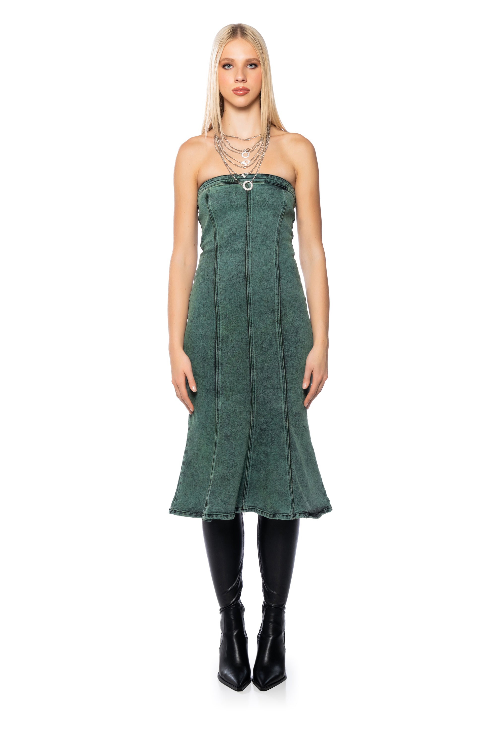 SEEING GREEN STRAPLESS WASHED DENIM MIDI DRESS AKIRA SEEING GREEN STRAPLESS WASHED DENIM MIDI DRESS AKIRA