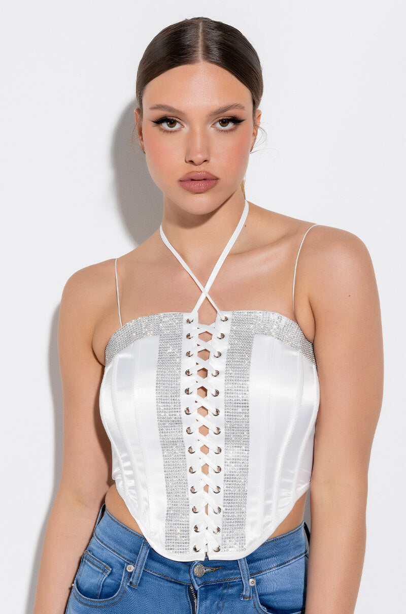 SELF CONTROL LACE UP RHINESTONE SATIN CORSET view 0