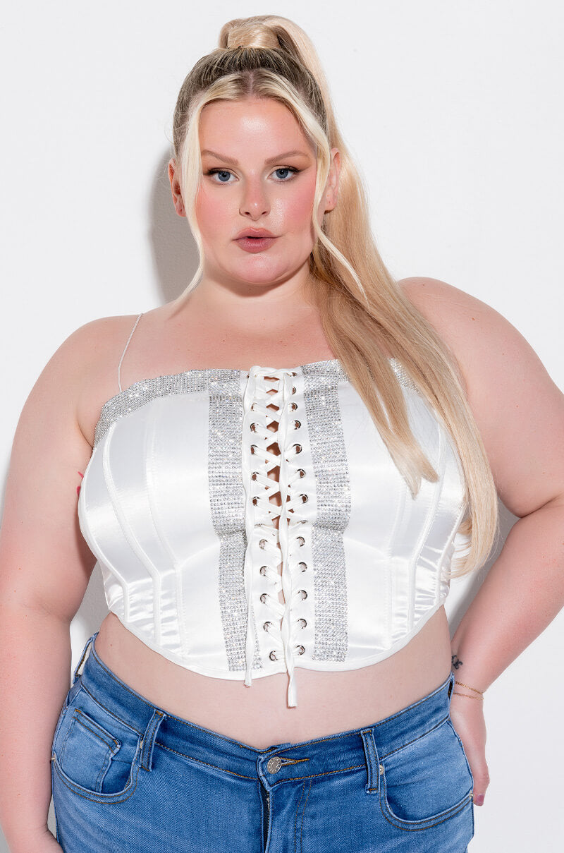 Side View Self Control Lace Up Rhinestone Satin Corset