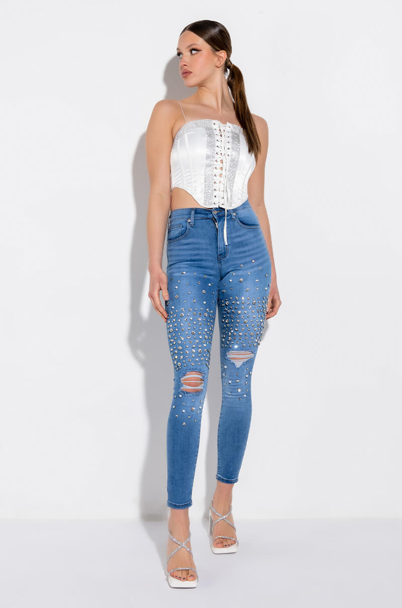 Back View Self Control Lace Up Rhinestone Satin Corset