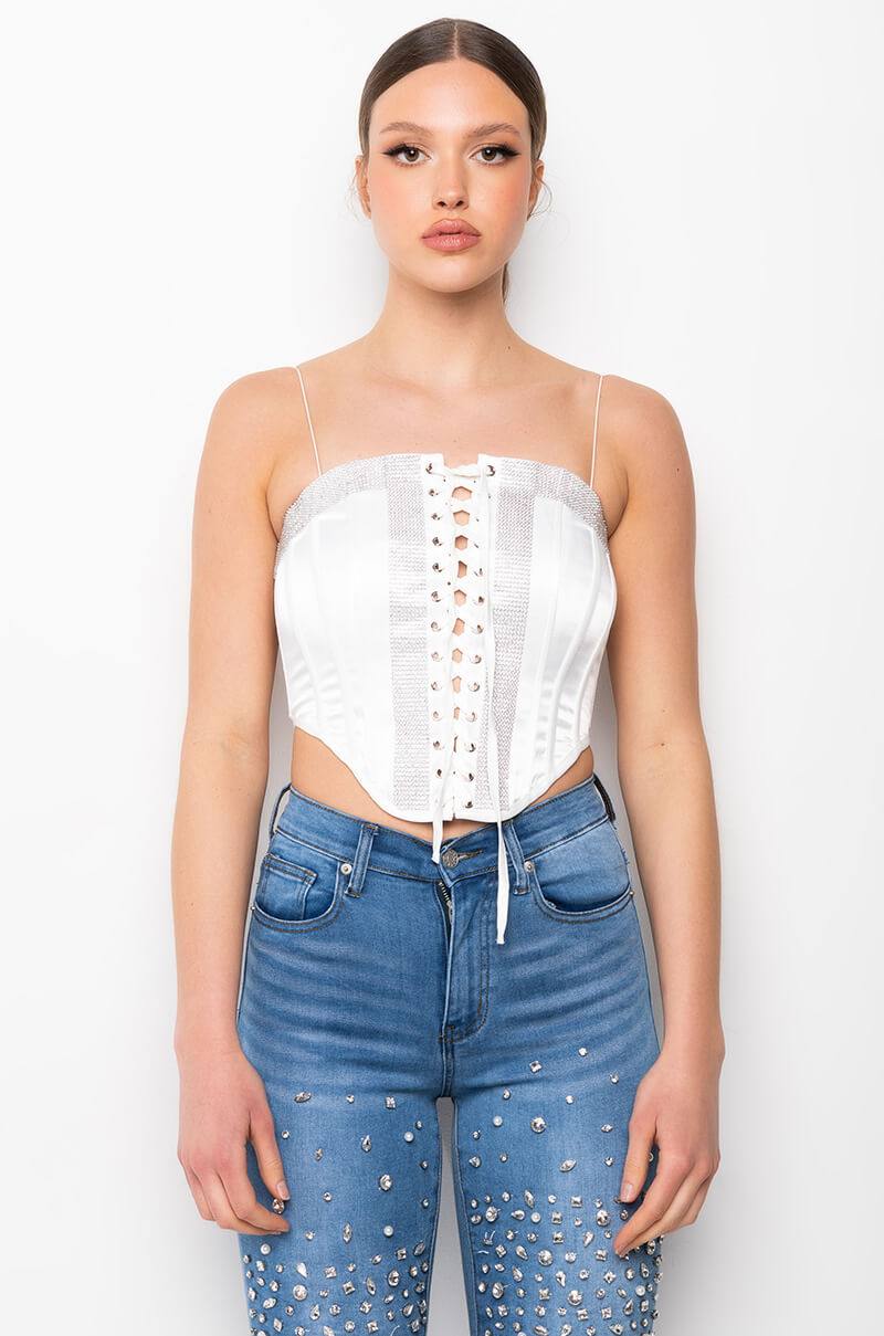 Detail View Self Control Lace Up Rhinestone Satin Corset