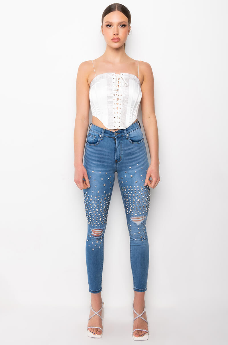 Extra View Self Control Lace Up Rhinestone Satin Corset