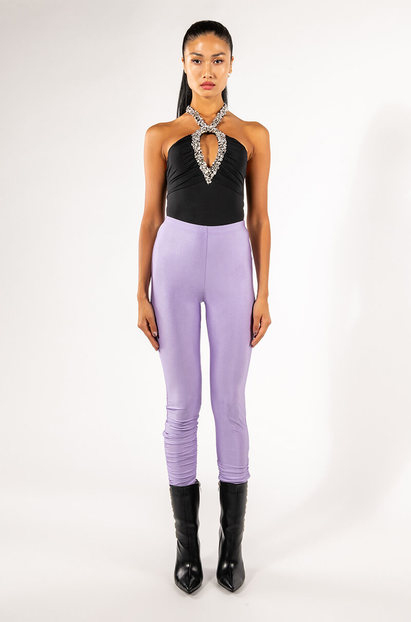 Extra View Sensation Rhinestone Cutout Halter Bodysuit