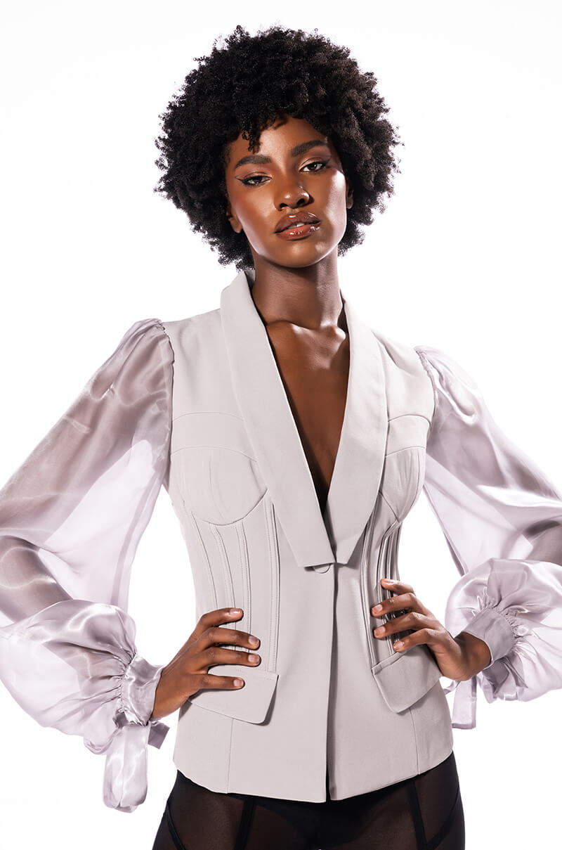 Front View Sentimental Mood Chiffon Sleeve Fitted Blazer