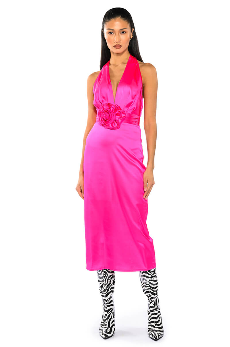 Front View Serendipity Satin Halter Neck Midi Dress