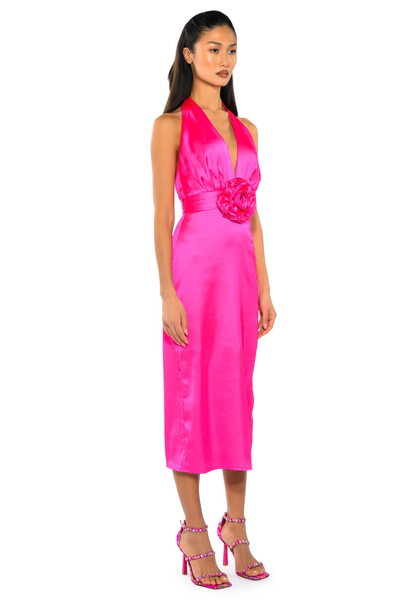 Side View Serendipity Satin Halter Neck Midi Dress
