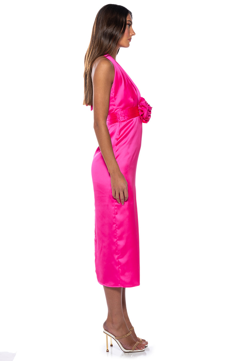 Side View Serendipity Satin Halter Neck Midi Dress