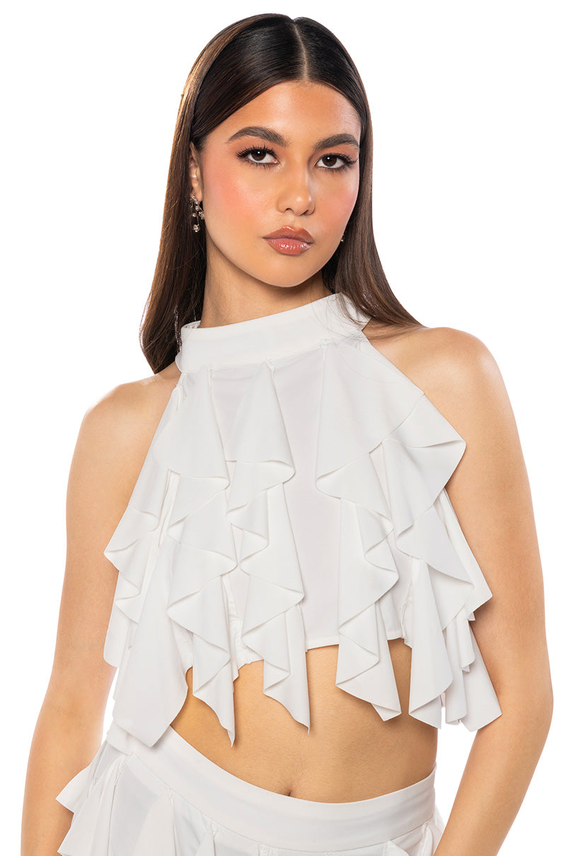 SERENITY RUFFLED HALTER NECK TOP IN WHITE view 0