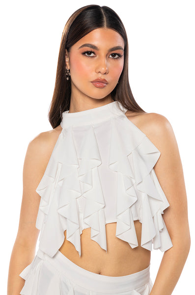 SERENITY RUFFLED HALTER NECK TOP IN WHITE – AKIRA SERENITY RUFFLED HALTER NECK TOP IN WHITE – AKIRA