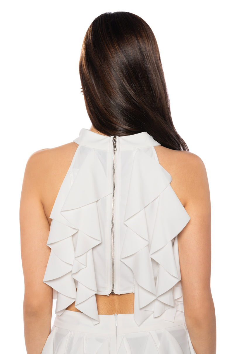 Detail View Serenity Ruffled Halter Neck Top In White