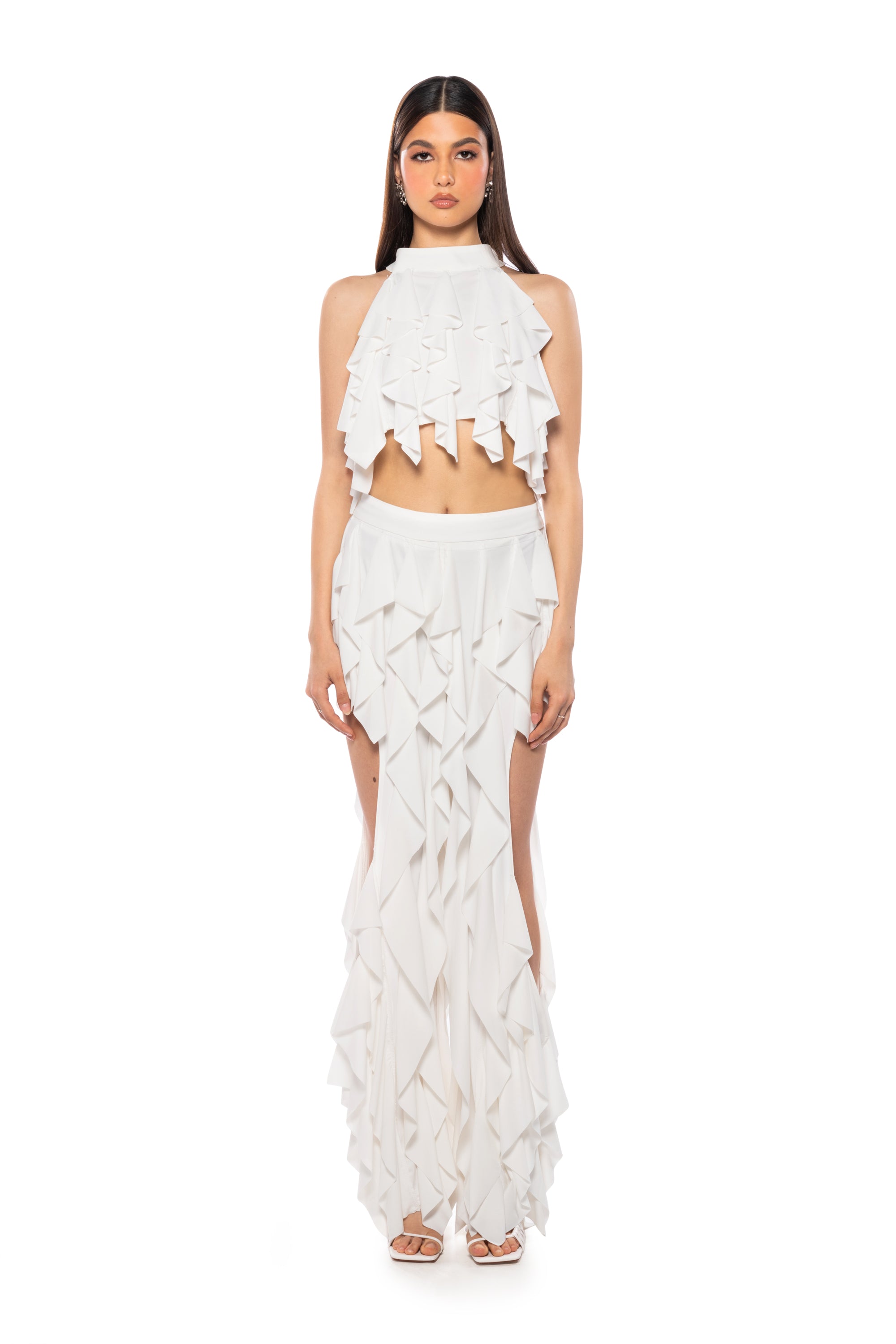 Extra View Serenity Ruffled Halter Neck Top In White