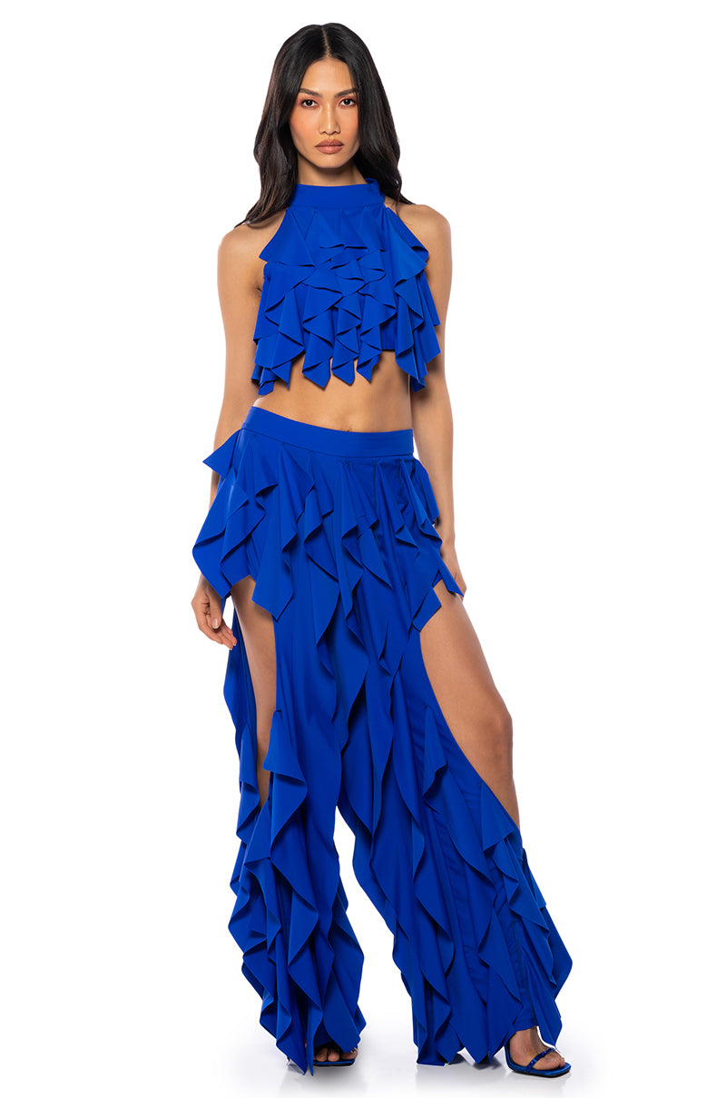 Side Ruffle Pants SERENITY RUFFLED PANT IN BLUE – AKIRA