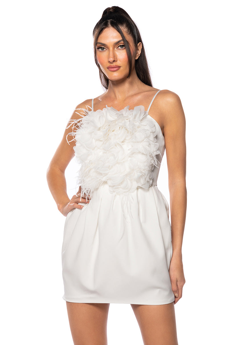 Front View Serve Looks Floral Feather Applique Mini Dress