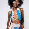 Front View Set It Off Contrast Trim Lace Up Crop Tee in Blue Multi