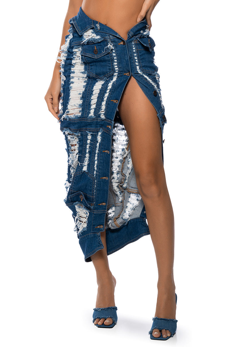 Front View Set The Bar Distressed Midi Skirt