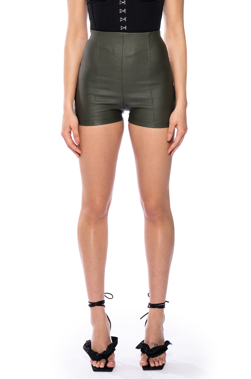Front View Sexy Hot Pant Faux Leather Short In Olive