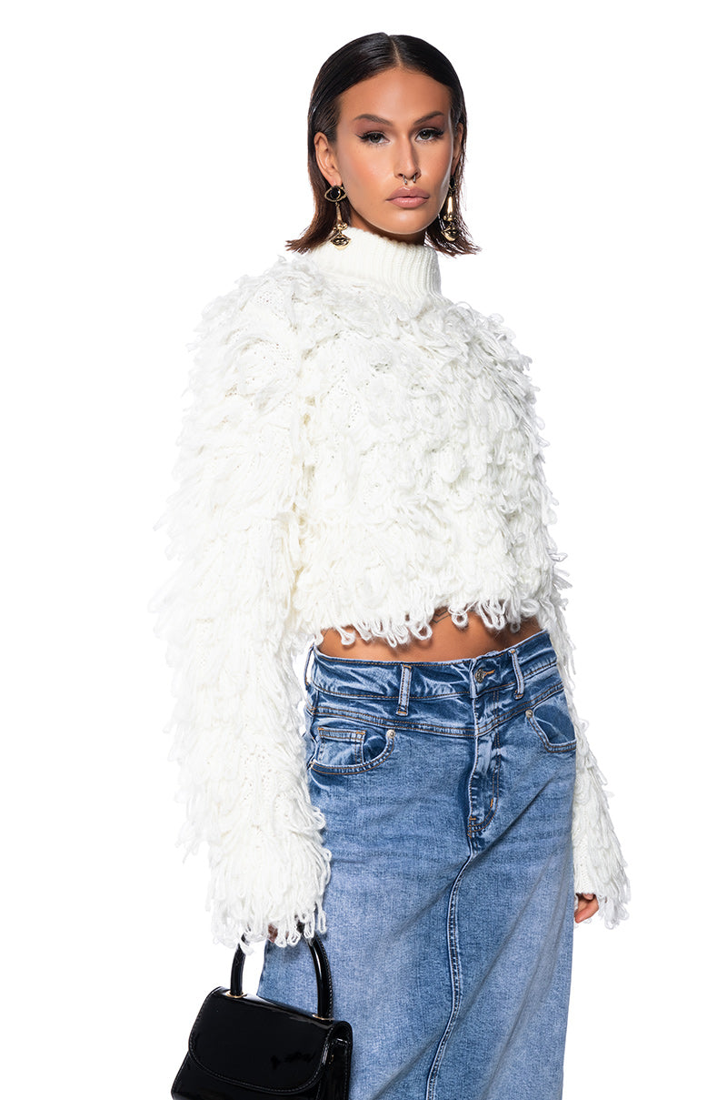 Front View Shaggy Knit Turtleneck In Ivory