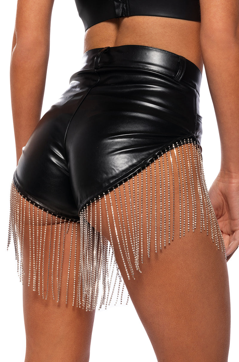 Back View Shake A Tail Feather Rhinestone Fringe Shorts