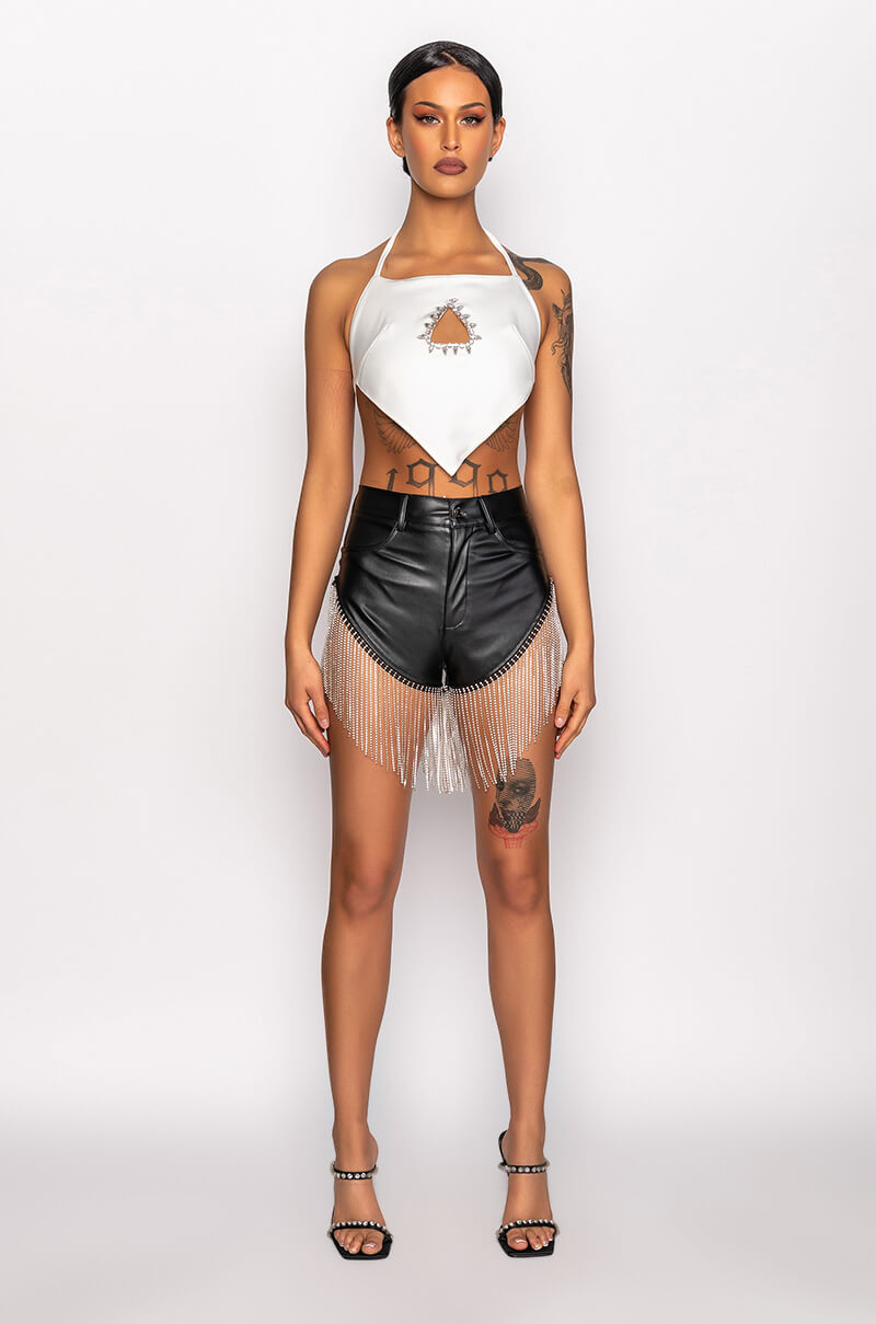 Extra View Shake A Tail Feather Rhinestone Fringe Shorts